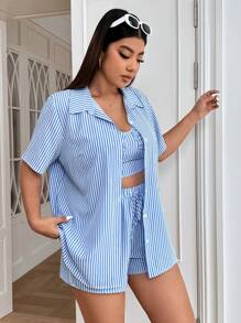 SHEIN EZwear Plus Striped Print Blouse & Shorts & Cami Top - Blue - View 5