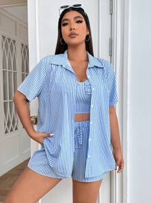 SHEIN EZwear Plus Striped Print Blouse & Shorts & Cami Top - Blue - View 6