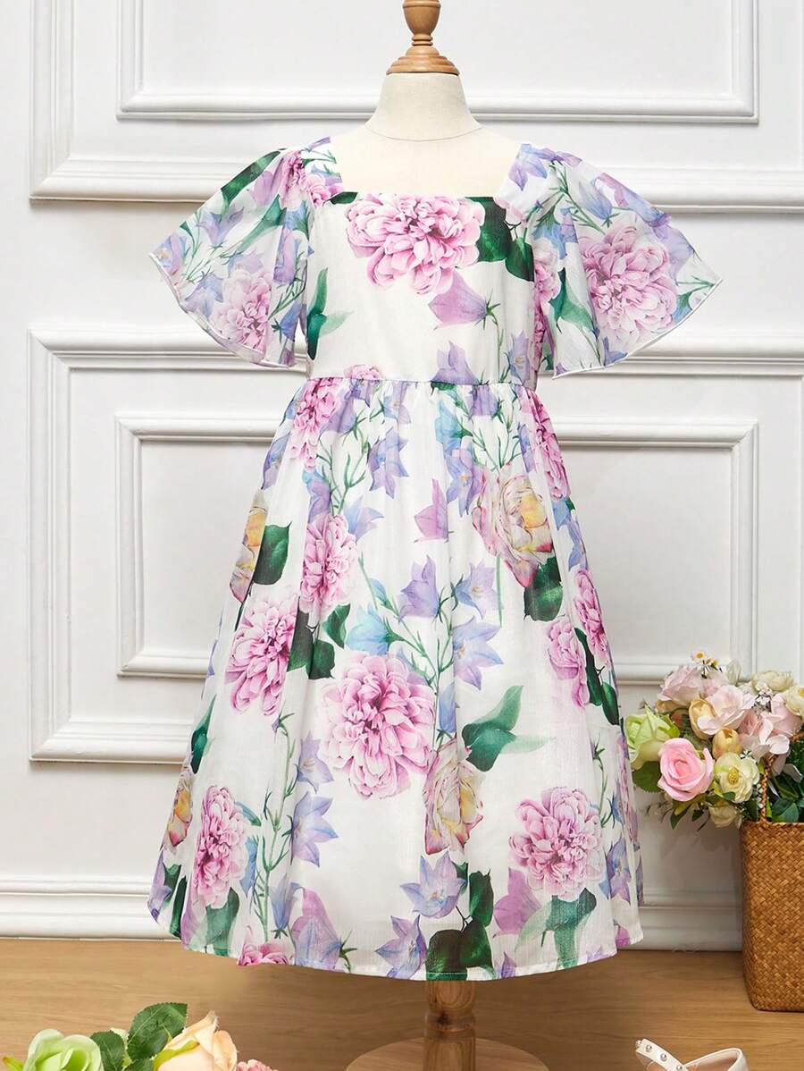 SHEIN 女童印花雪紡方領A字束腰正裝洋裝 - 彩色 - 查看 1