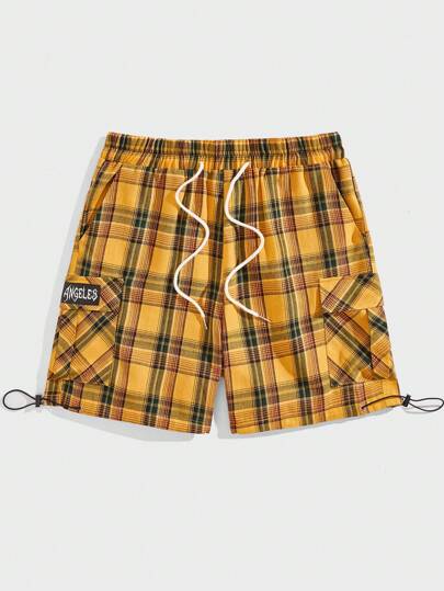 Prep Guys Plaid Print Letter Patched Detail Flap Pocket Drawstring Waist Shorts