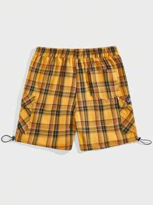 ROMWE MEN Prep 男士格紋印花字母補丁細節翻蓋口袋腰部抽繩短褲 - 黃色 - 查看 2