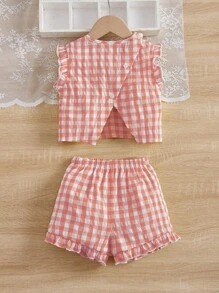 SHEIN 嬰兒格子圖案荷葉邊上衣和短褲 - 橘色 - 查看 2
