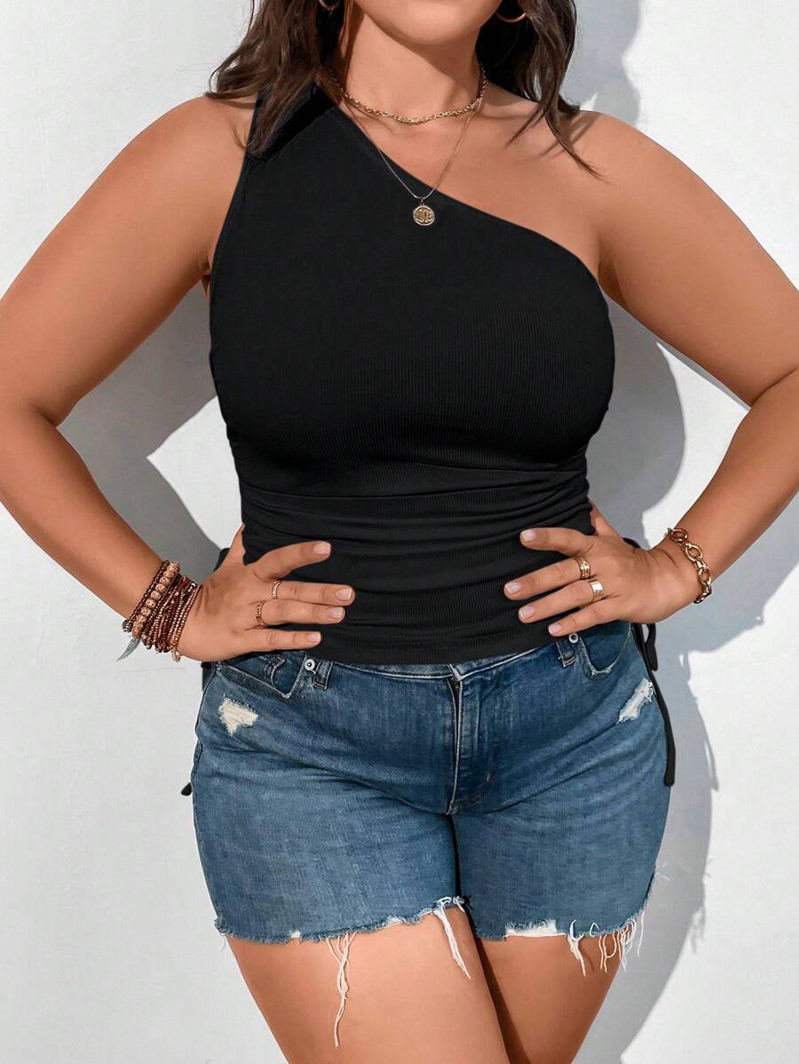 Calvaya Plus One Shoulder Drawstring Side Top - Black - View 1