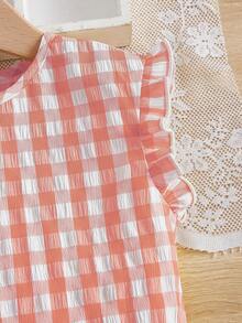 SHEIN 嬰兒格子圖案荷葉邊上衣和短褲 - 橘色 - 查看 3