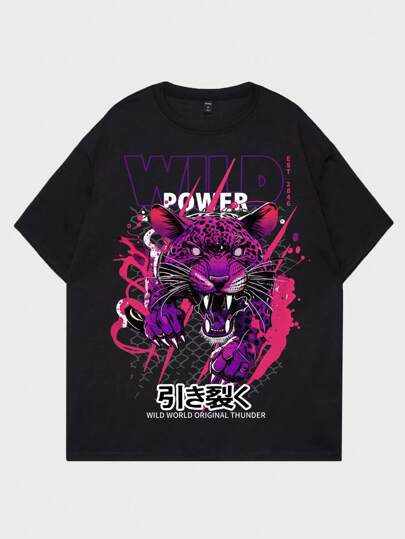 Anime Guys Leopard & Slogan Graphic Tee