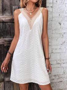 SHEIN LUNE Contrast Lace Dress - White - View 3