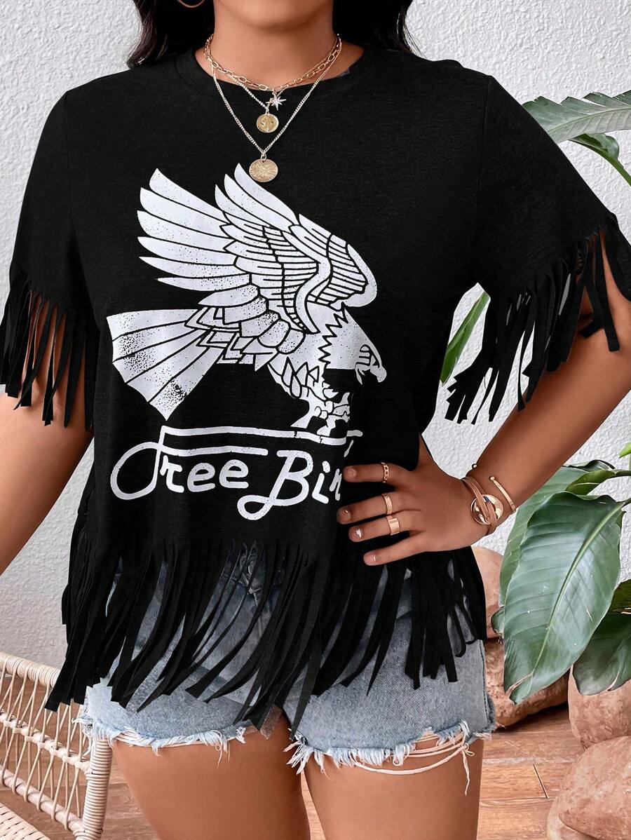 SHEIN Coolane 大碼鷹和字母圖案流蘇邊T恤 - 黑色 - 查看 1
