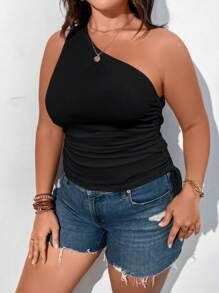 Calvaya Plus One Shoulder Drawstring Side Top - Black - View 5
