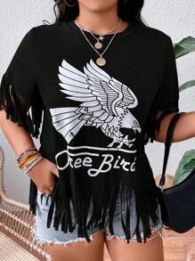 SHEIN Coolane 大碼鷹和字母圖案流蘇邊T恤 - 黑色 - 查看 3