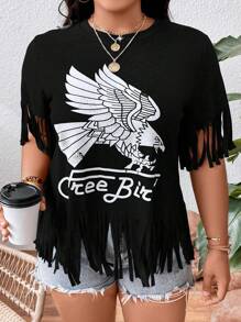 SHEIN Coolane 大碼鷹和字母圖案流蘇邊T恤 - 黑色 - 查看 4