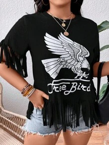 SHEIN Coolane 大碼鷹和字母圖案流蘇邊T恤 - 黑色 - 查看 5