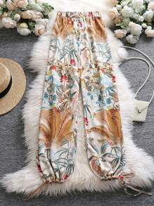 SHEIN Holidaya 大碼熱帶圖案抽繩下擺長褲 - 杏色 - 查看 1