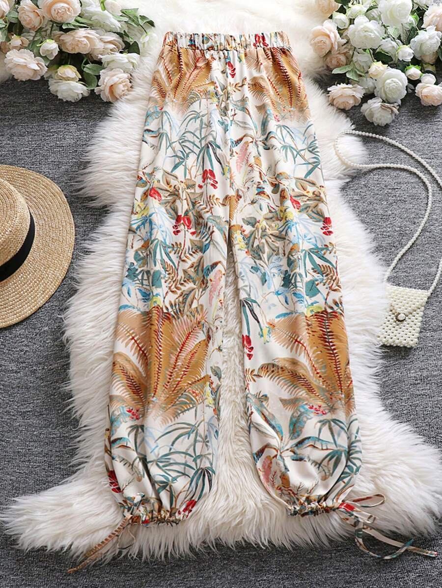 SHEIN Holidaya 大碼熱帶圖案抽繩下擺長褲 - 杏色 - 查看 1