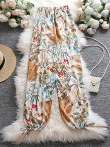 SHEIN Holidaya 大碼熱帶圖案抽繩下擺長褲 - 杏色 - 查看 2