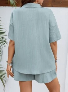 SHEIN LUNE Plus Patched Pocket Drop Shoulder Shirt & Knot Front Shorts - Mint Blue - View 2