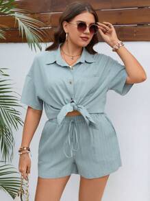 SHEIN LUNE Plus Patched Pocket Drop Shoulder Shirt & Knot Front Shorts - Mint Blue - View 3