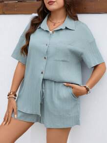 SHEIN LUNE Plus Patched Pocket Drop Shoulder Shirt & Knot Front Shorts - Mint Blue - View 4