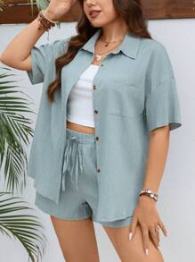 SHEIN LUNE Plus Patched Pocket Drop Shoulder Shirt & Knot Front Shorts - Mint Blue - View 5