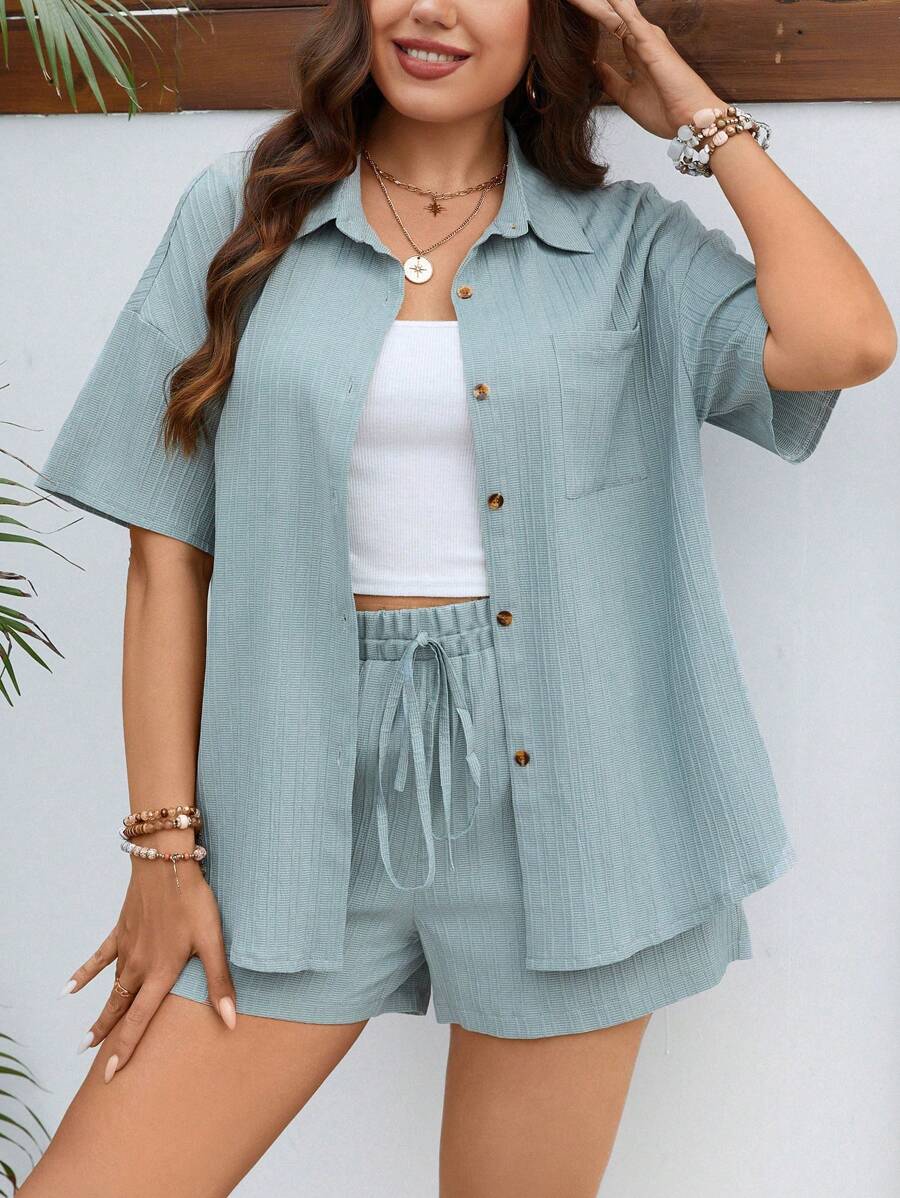 SHEIN LUNE Plus Patched Pocket Drop Shoulder Shirt & Knot Front Shorts - Mint Blue - View 1