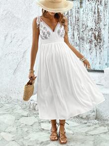 SHEIN Maternity Floral Embroidery Tie Shoulder Cami Dress - White - View 1