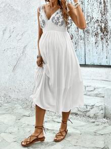 SHEIN Maternity Floral Embroidery Tie Shoulder Cami Dress - White - View 6