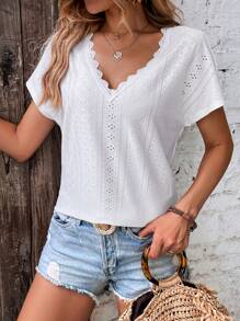 SHEIN LUNE 網眼刺繡蝙蝠袖T恤 - 白色 - 查看 3