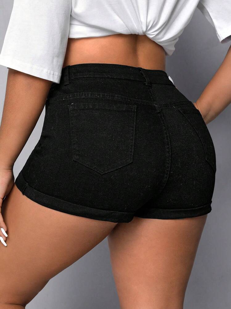 SHEIN EZwear 大碼卷邊牛仔短褲 - 黑色 - 查看 1