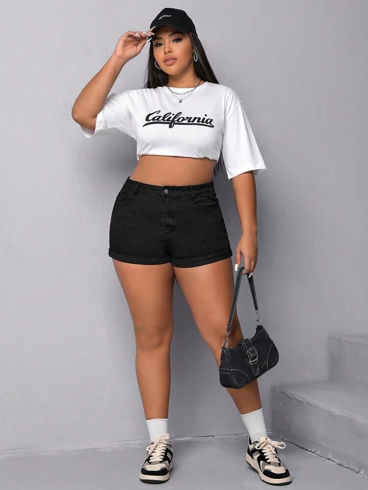 SHEIN EZwear 大碼卷邊牛仔短褲 - 黑色 - 查看 3