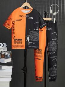 SHEIN 青少年男孩街头风格 2 件套彩色块字母标语印花 T 恤和宽松长裤 - 彩色 - 查看 1