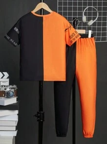 SHEIN 青少年男孩街头风格 2 件套彩色块字母标语印花 T 恤和宽松长裤 - 彩色 - 查看 2