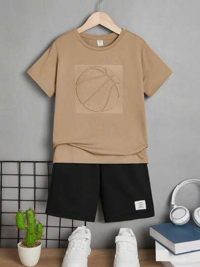 SHEIN Tween Boy Basketball Pattern Tee & Letter Patched Detail Shorts