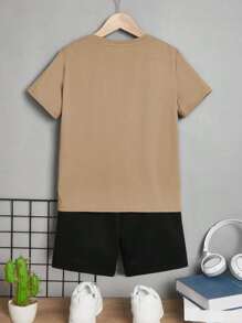 SHEIN Tween Boy Basketball Pattern Tee & Letter Patched Detail Shorts