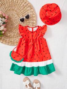 SHEIN Young Girl Watermelon Print Ruffle Trim Dress & Hat & Bag - Multicolor - View 1