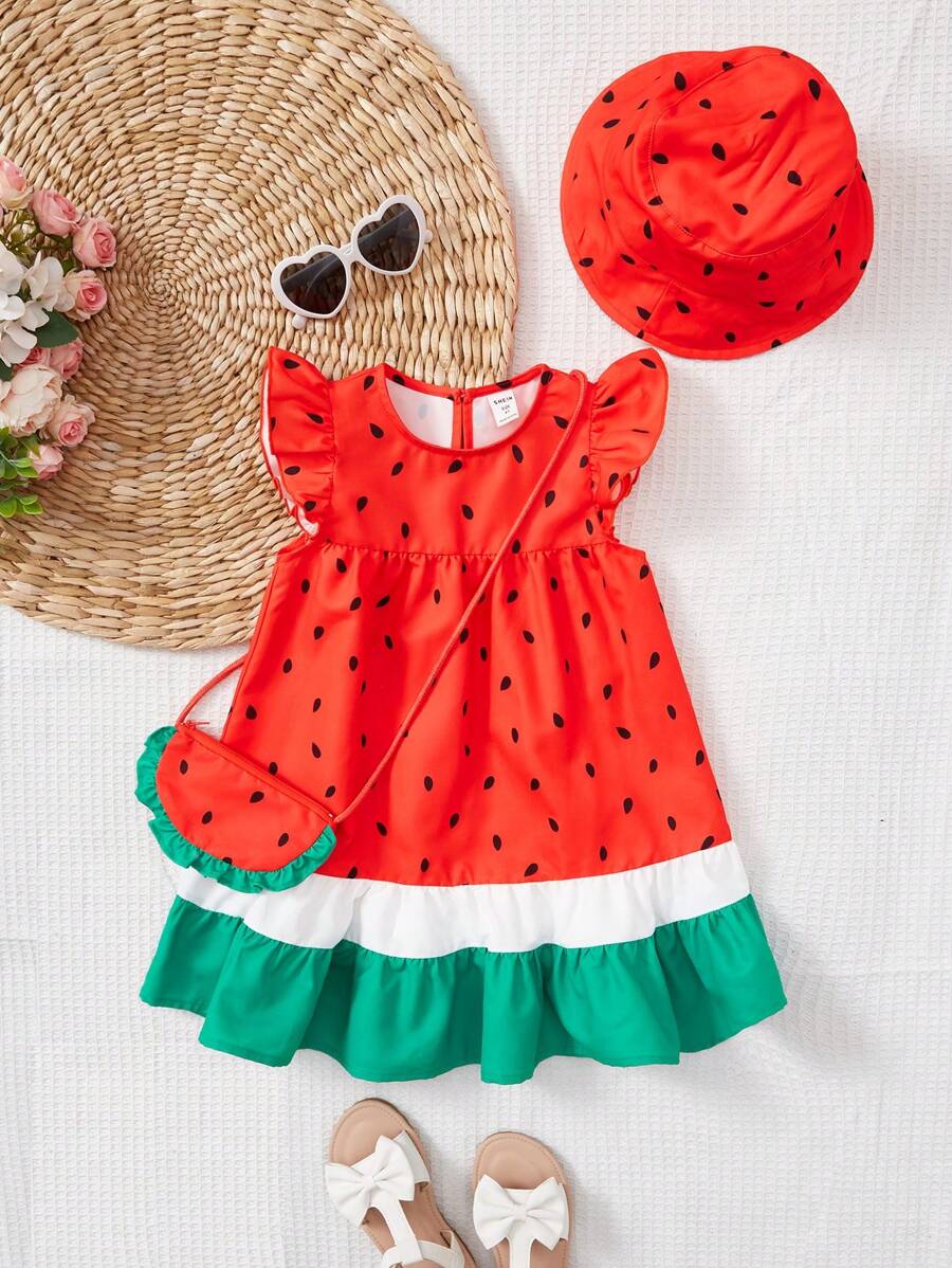 SHEIN Young Girl Watermelon Print Ruffle Trim Dress & Hat & Bag - Multicolor - View 1