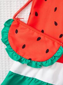 SHEIN Young Girl Watermelon Print Ruffle Trim Dress & Hat & Bag - Multicolor - View 4