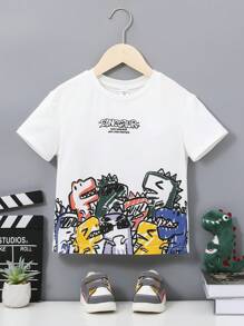 SHEIN 男孩休閒舒適短袖t恤,印有口號和卡通圖案