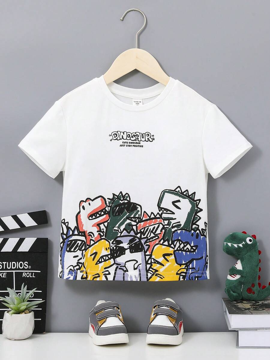 SHEIN 男孩休閒舒適短袖t恤,印有口號和卡通圖案