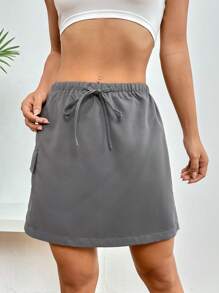 SHEIN EZwear Flap Pocket Side Drawstring Waist Cargo Skirt - Grey - View 3