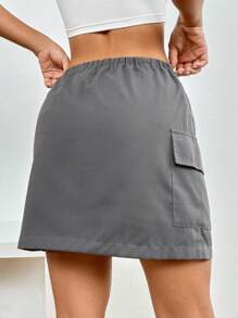 SHEIN EZwear Flap Pocket Side Drawstring Waist Cargo Skirt - Grey - View 2