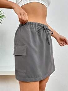 SHEIN EZwear Flap Pocket Side Drawstring Waist Cargo Skirt - Grey - View 1