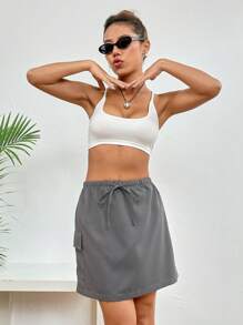 SHEIN EZwear Flap Pocket Side Drawstring Waist Cargo Skirt - Grey - View 5