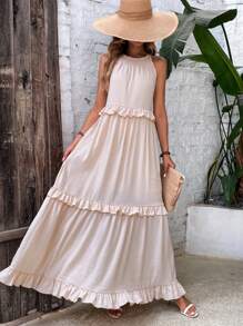 SHEIN LUNE Vestido ribete con fruncido de cuello halter - Albaricoque - Ver 4