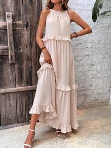 SHEIN LUNE Vestido ribete con fruncido de cuello halter - Albaricoque - Ver 6