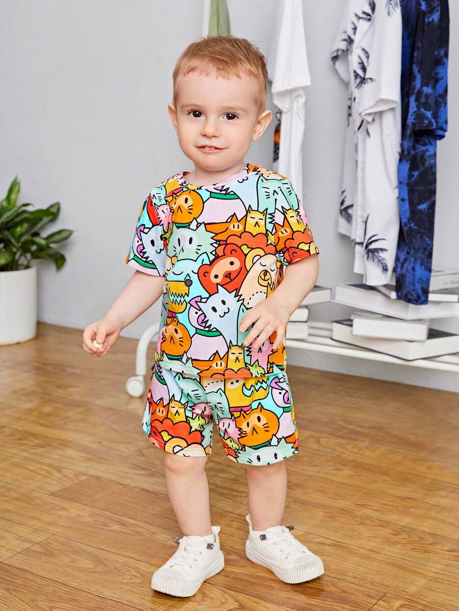SHEIN Bebé niño Shorts con camiseta con estampado de dibujos animados - Multicolor - Ver 1