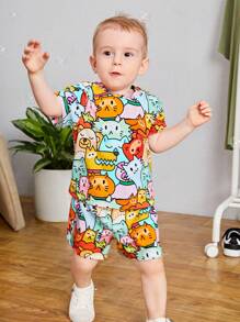 SHEIN Bebé niño Shorts con camiseta con estampado de dibujos animados - Multicolor - Ver 6