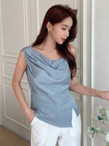 DAZY 纯色垂坠不对称下摆衬衫外出上衣 - 藍色 - 查看 7