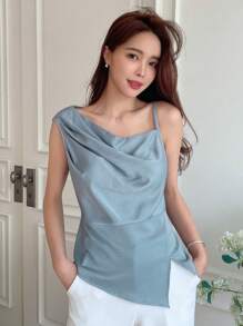 DAZY 纯色垂坠不对称下摆衬衫外出上衣 - 藍色 - 查看 5