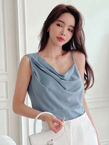 DAZY 纯色垂坠不对称下摆衬衫外出上衣 - 藍色 - 查看 3