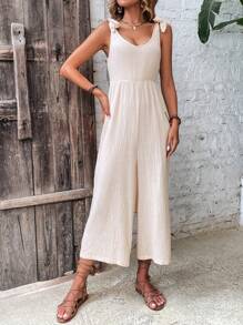 SHEIN LUNE Solid Tie Shoulder Wide Leg Jumpsuit - Apricot - View 5