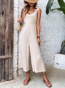 SHEIN LUNE Solid Tie Shoulder Wide Leg Jumpsuit - Apricot - View 6